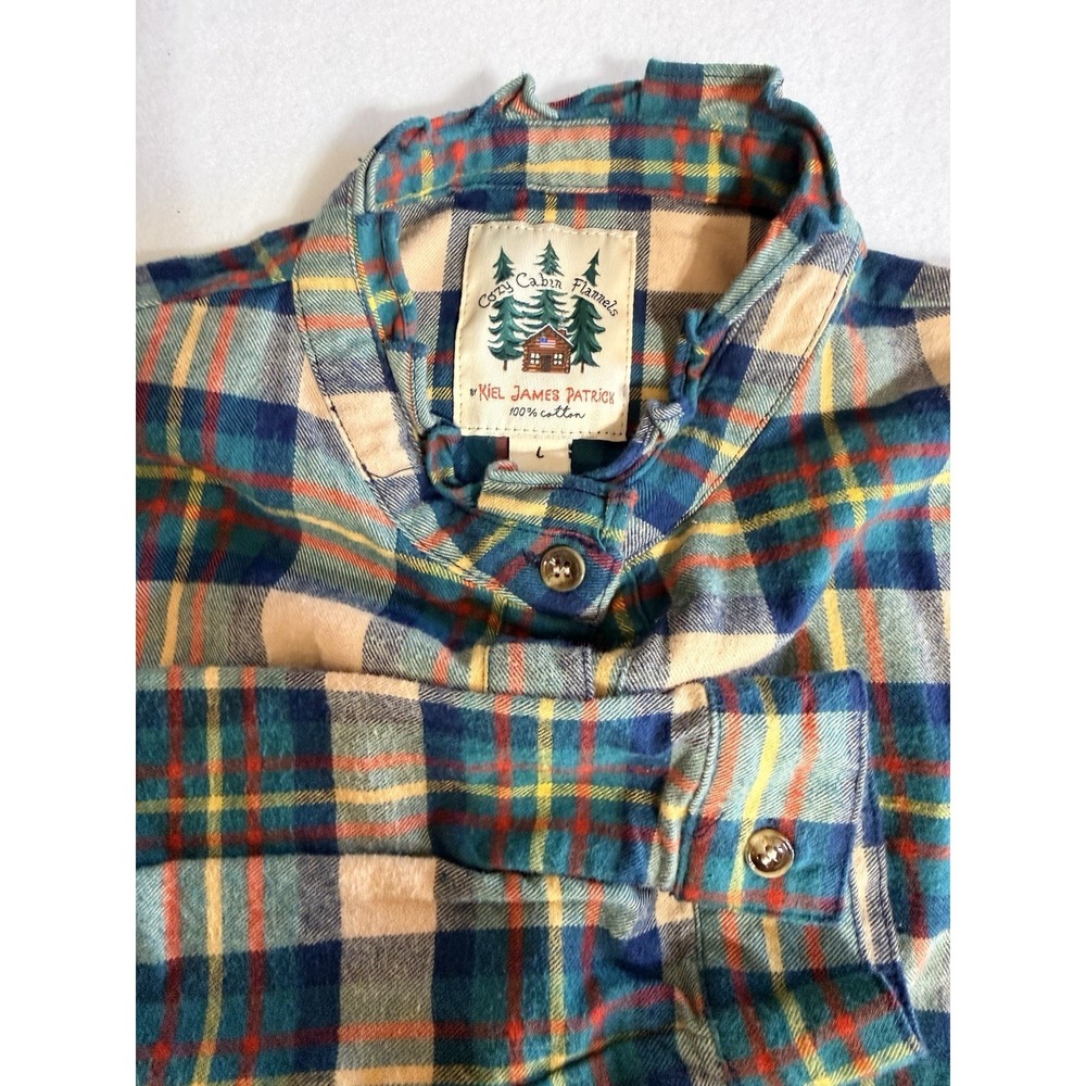 Kiel James Patrick Cozy Cabin Flannel Dress Size L Blue Green Yellow Plaid